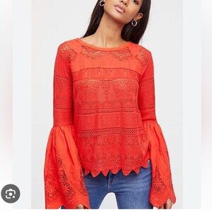 Free People Vibrant Red Lace Blouse